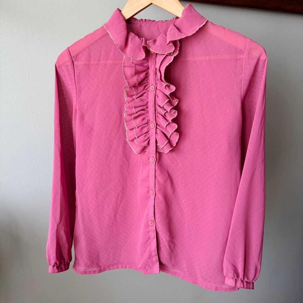 Pink Ruffle Sheer Vintage Blouse - Picture 3 of 16
